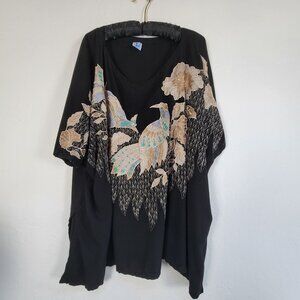 Vintage Oceania Womens Black Gold Embroidered Peacock & Floral Tunic Free Size